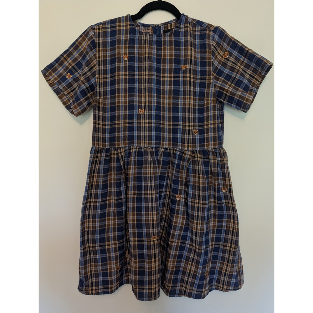 Teddy Fresh Plaid Embroidered Bear Babydoll Mini Dress Blue Brown Women Small S